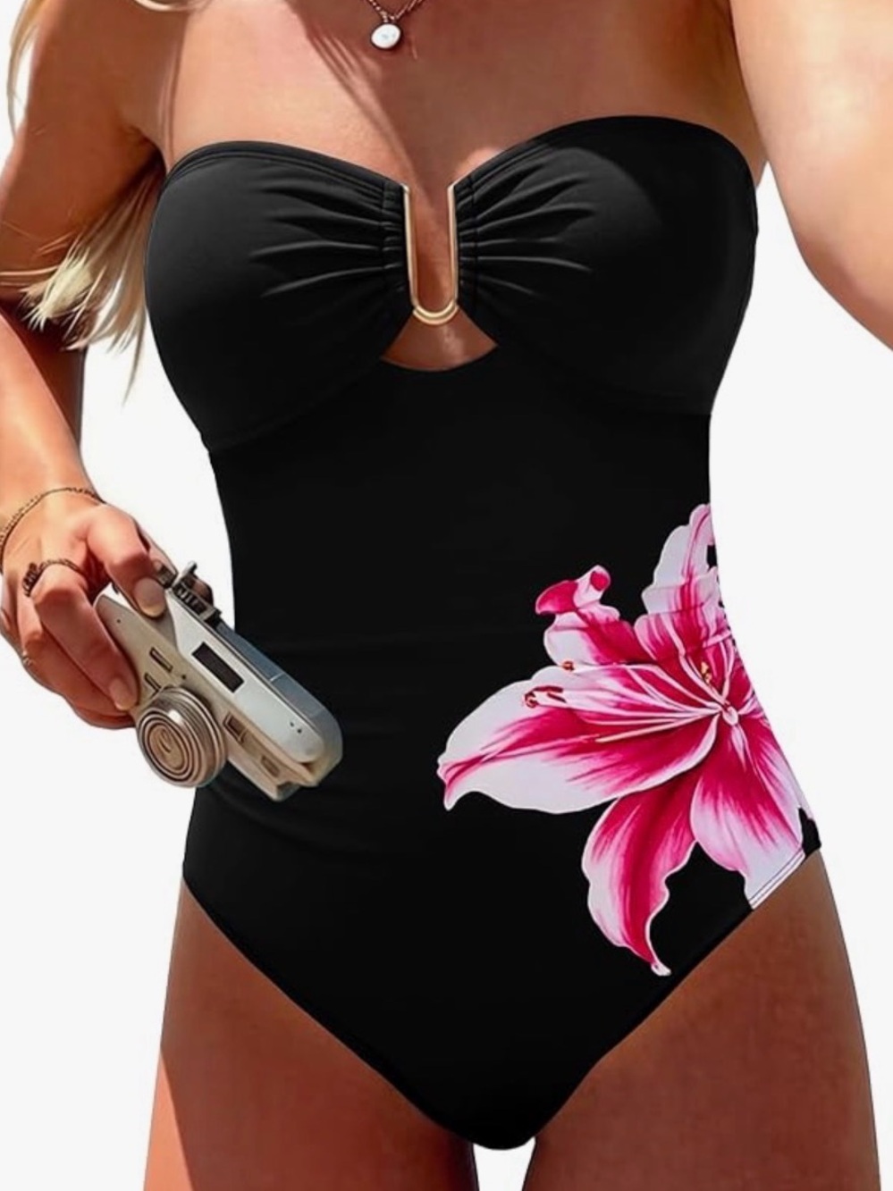 NWT Halter or Strapless Black One-Piece Swimsuit with Pink Floral Accent